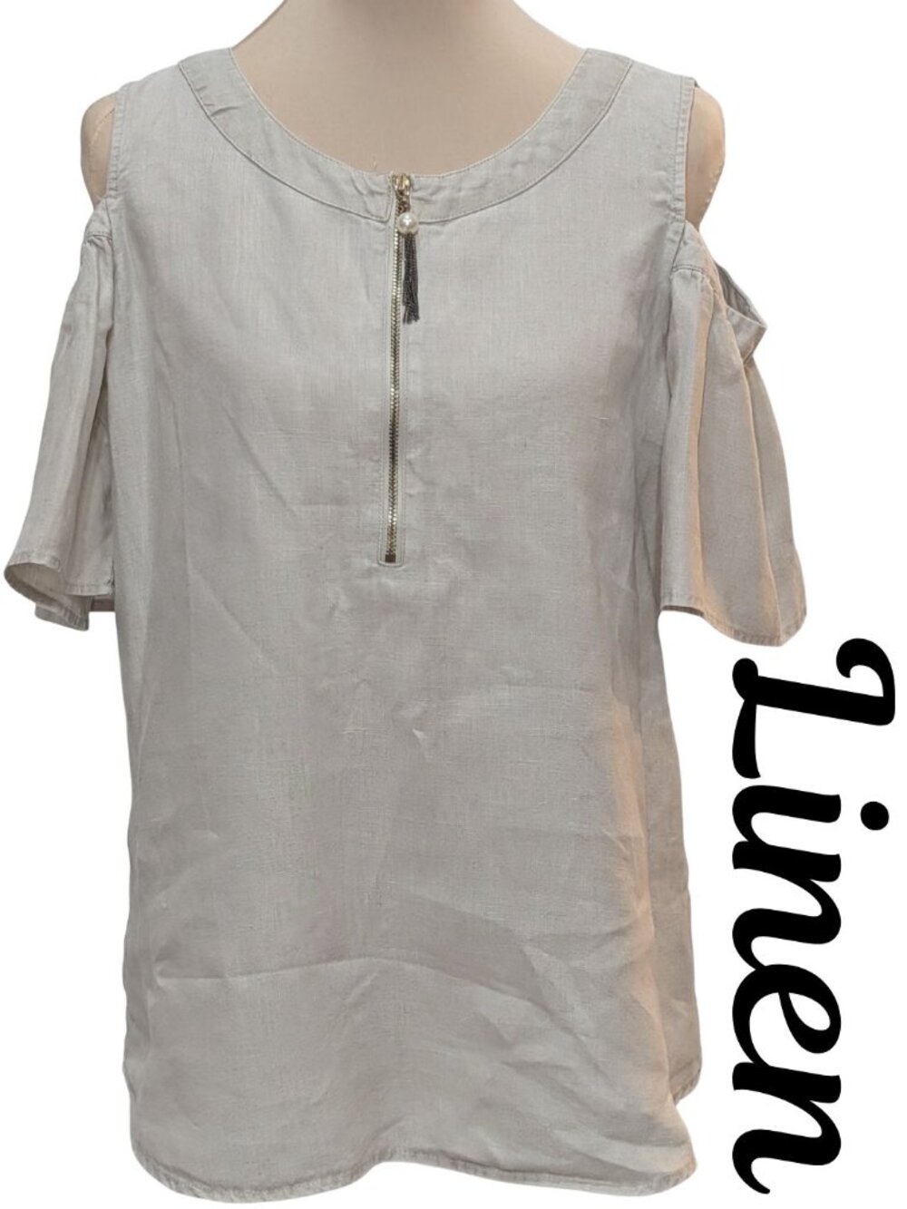 Ellen Tracy 100% Linen Open Shoulder Half Zip Blouse